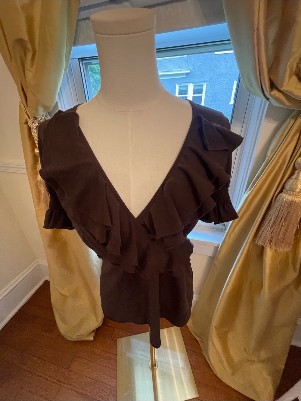 Ruffled V-Neck Women's Blouse - Black